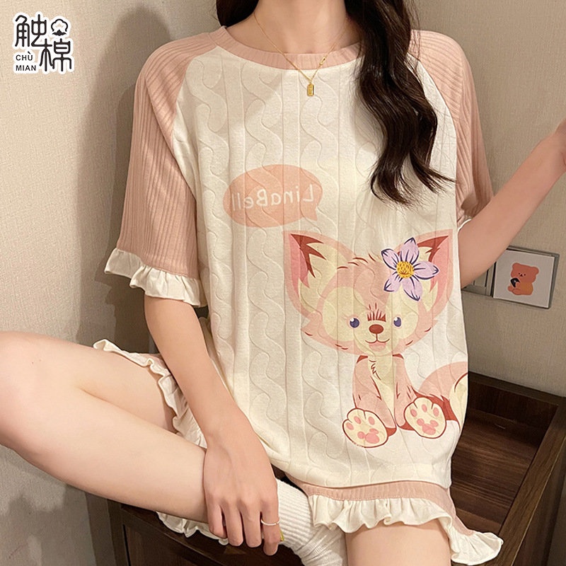 CHUMIAN Bộ Đồ Ngủ Tay Ngắn Phối Ren Họa Tiết Hoạt Hình Phong Cách Nhật Bản Thời Trang Mùa Hè Cho Nữ