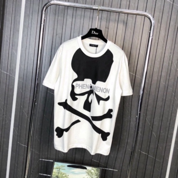 Áo phông nam nữ cổ hình trụ cotton in hình đầu lâu xương, áo co giãn unisex