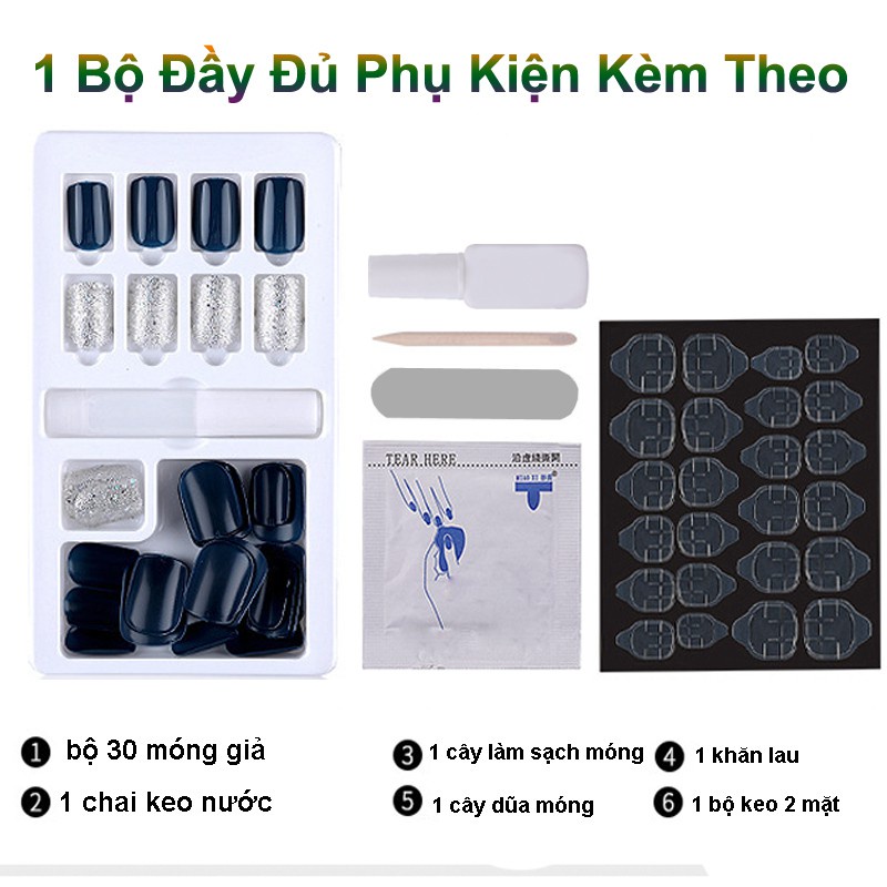 Hộp 30 Móng giả, nail giả, Kèm keo khô và keo nước, Cây dũa (30-01)