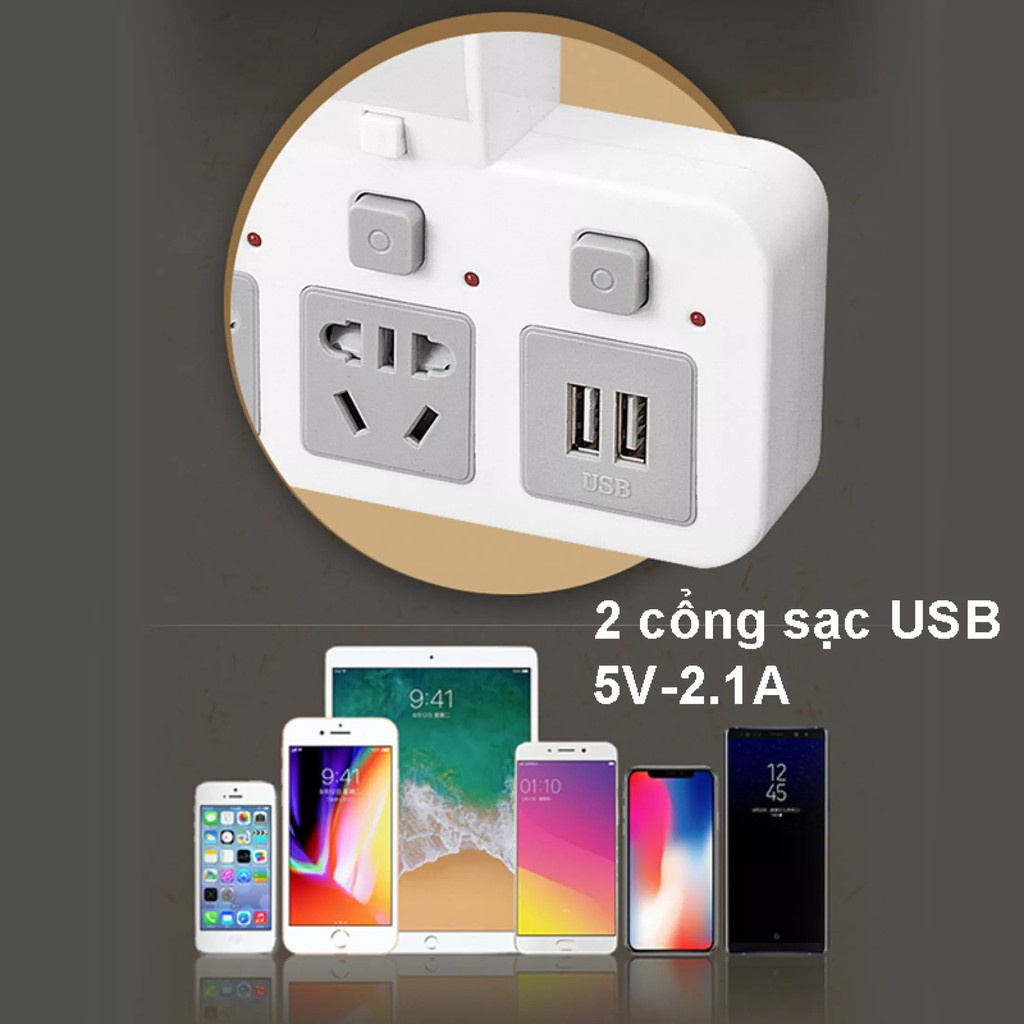 Ổ cắm điện 3 lỗ 2 USB 2.1A Sạc điện thoại vào nhanh Có đèn ngủ SU08