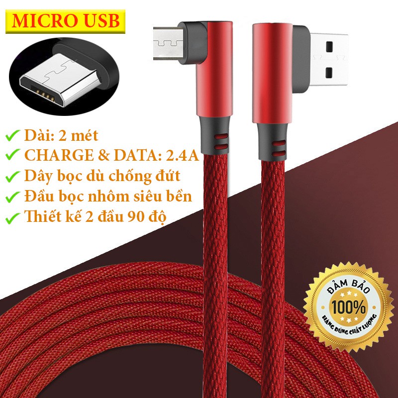 Cáp sạc nhanh 2.4A MICRO USB Dài 2 mét Dây Dù Đầu Bọc Nhôm Chống Gãy Đứt - V8 Micro