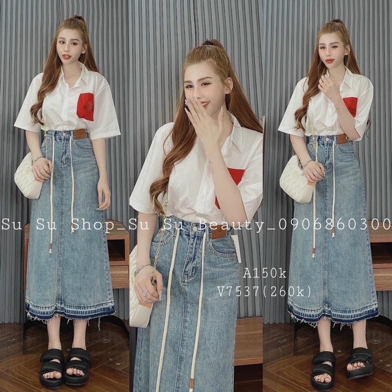 Áo sơ mi trắng ngăn tay túi phối màu dáng rộng vạt bầu