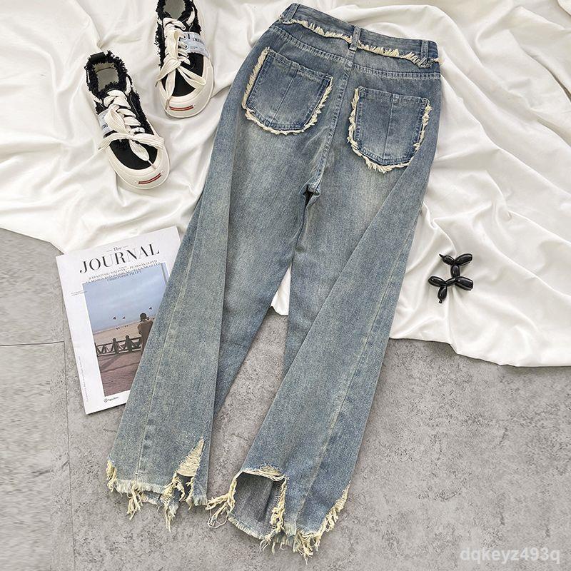 Quần mỏng nữ phong cách retro cũ tua rua quần jeans thẳng lưng cao có khía chữ V