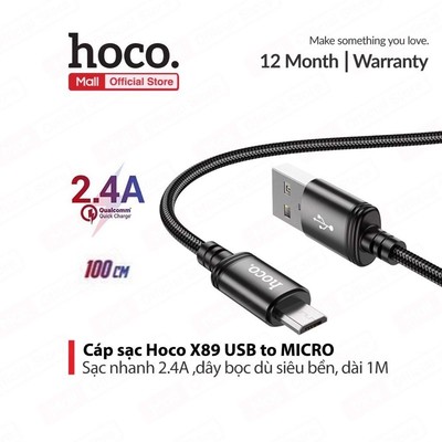 Cáp sạc nhanh Micro Hoco X89  sạc nhanh 2A, hỗ trợ truyền dữ liệu, dành cho Android phone, dài 1m (ĐEN)