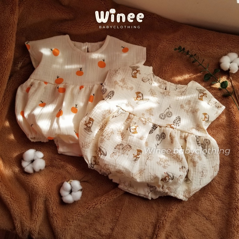 R001 Bộ body đùi, romper bí ngô đáng yêu muslin oganic mềm mại cho bé gái (size 3 tháng đến 2 tuổi)