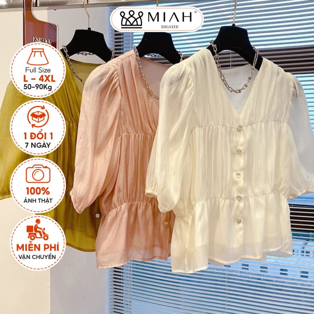 Áo kiểu bigsize Emily nữ tay bo chun chất voan lụa cực mát thiết kế tiểu thư bánh bèo nhiều màu che MIAH Bigsize AOK0004