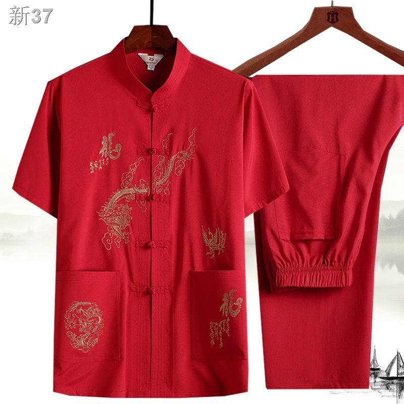 【2023】┅⊙Tang phù hợp với nam giới mùa hè người trung niên và cao tuổi cỡ lớn bố áo sơ mi ngắn tay phong cách Quốc quần ô