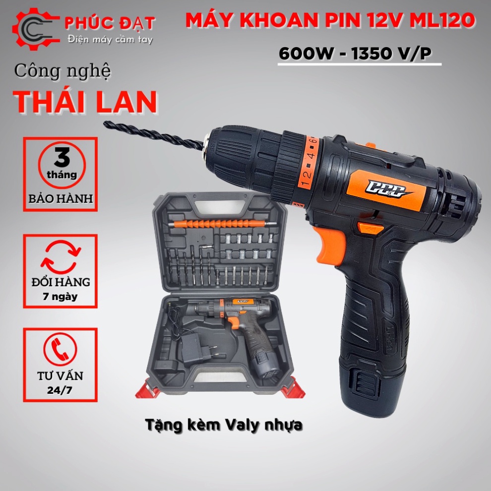 Máy khoan pin 12v ML120, công suất 600w - Máy khoan pin, bắn vít đa năng có đảo chiều, đèn LED - Tặng kèm Valy