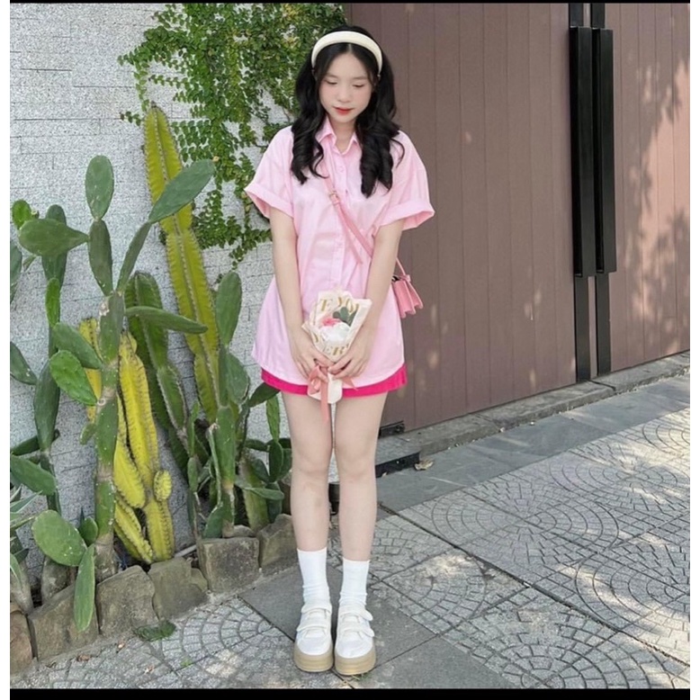 Sét áo sơmi trơn khuy bấm hai bên mix quần sooc hàng L1