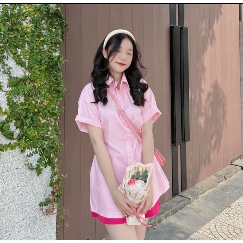 Sét áo sơmi trơn khuy bấm hai bên mix quần sooc hàng L1