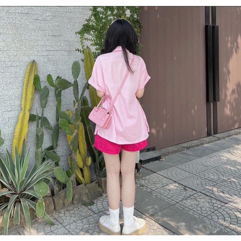 Sét áo sơmi trơn khuy bấm hai bên mix quần sooc hàng L1