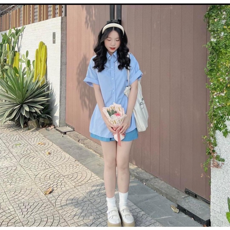 Sét áo sơmi trơn khuy bấm hai bên mix quần sooc hàng L1