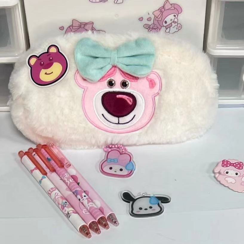 Túi Đựng Bút Chì Ba Mắt Sức Chứa Lớn Hình Chú Gấu / Dâu Tây Nhỏ Dễ Thương Để Bàn Cho Học Sinh