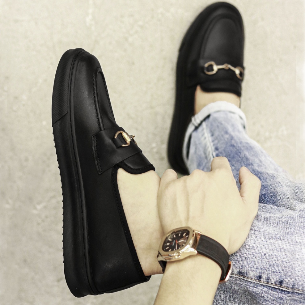 Giày lười nam cao cấp, slipon nam da thật 100% Xoăn Shop có đai kim loại D08 màu đen