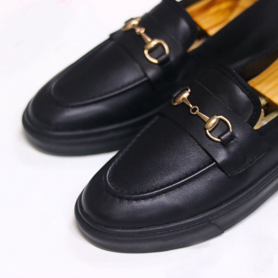 Giày lười nam cao cấp, slipon nam da thật 100% Xoăn Shop có đai kim loại D08 màu đen