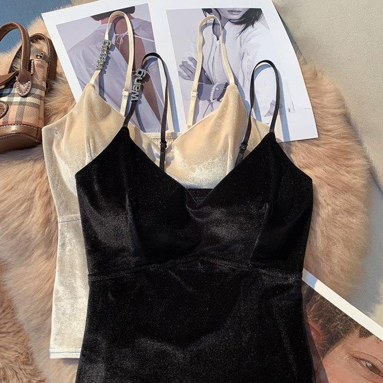 Áo Hai Dây Vải Nhung Màu Vàng Thời Trang Xuân Thu Quyến Rũ Cho Nữ