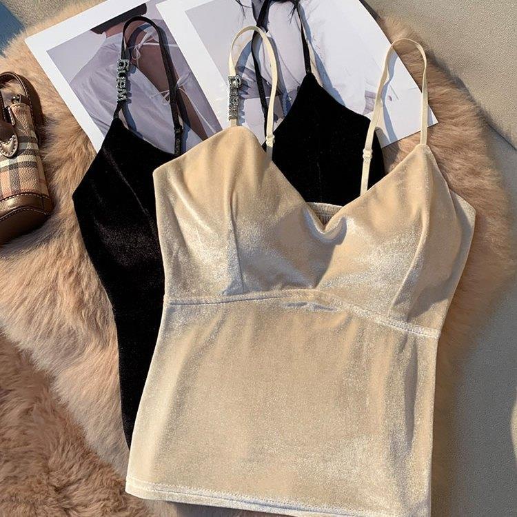 Áo Hai Dây Vải Nhung Màu Vàng Thời Trang Xuân Thu Quyến Rũ Cho Nữ