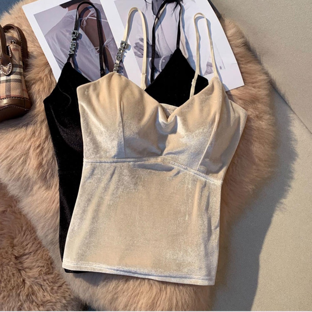 Áo Hai Dây Vải Nhung Màu Vàng Thời Trang Xuân Thu Quyến Rũ Cho Nữ