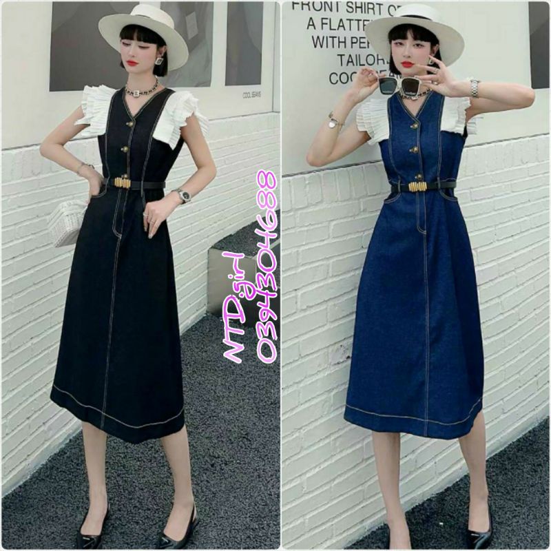Hàng nhập - Đầm dáng xòe jean chỉ nổi tay cánh tiên, váy bò cổ tim cài nút trước