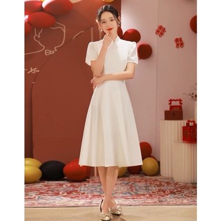 Đầm trắng cổ áo dài cách tân, váy dự tiệc, váy đi lễ thanh lịch