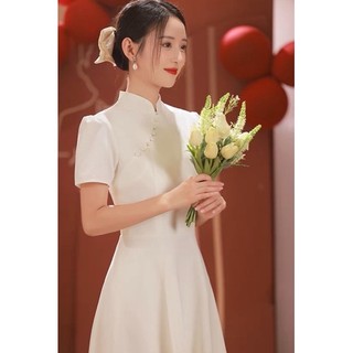 Đầm trắng cổ áo dài cách tân, váy dự tiệc, váy đi lễ thanh lịch
