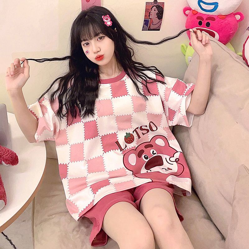 Bộ Đồ Ngủ Tay Ngắn Dáng Rộng In Hoạt Hình Gấu Dâu Tây Thời Trang Mùa Hè 2023 Cho Bạn Gái