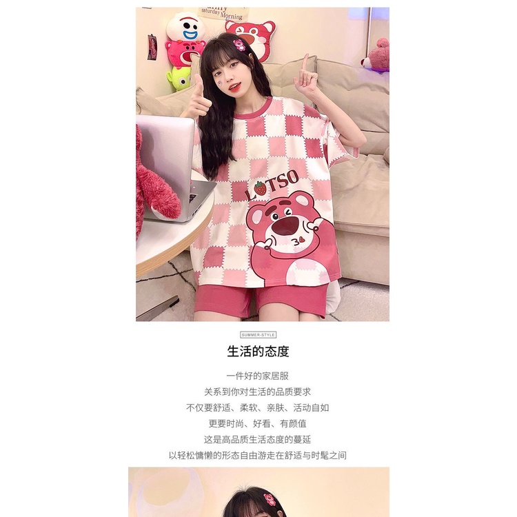 Bộ Đồ Ngủ Tay Ngắn Dáng Rộng In Hoạt Hình Gấu Dâu Tây Thời Trang Mùa Hè 2023 Cho Bạn Gái