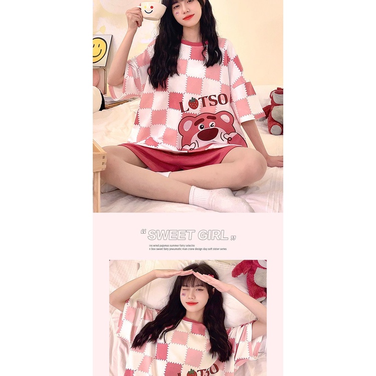 Bộ Đồ Ngủ Tay Ngắn Dáng Rộng In Hoạt Hình Gấu Dâu Tây Thời Trang Mùa Hè 2023 Cho Bạn Gái