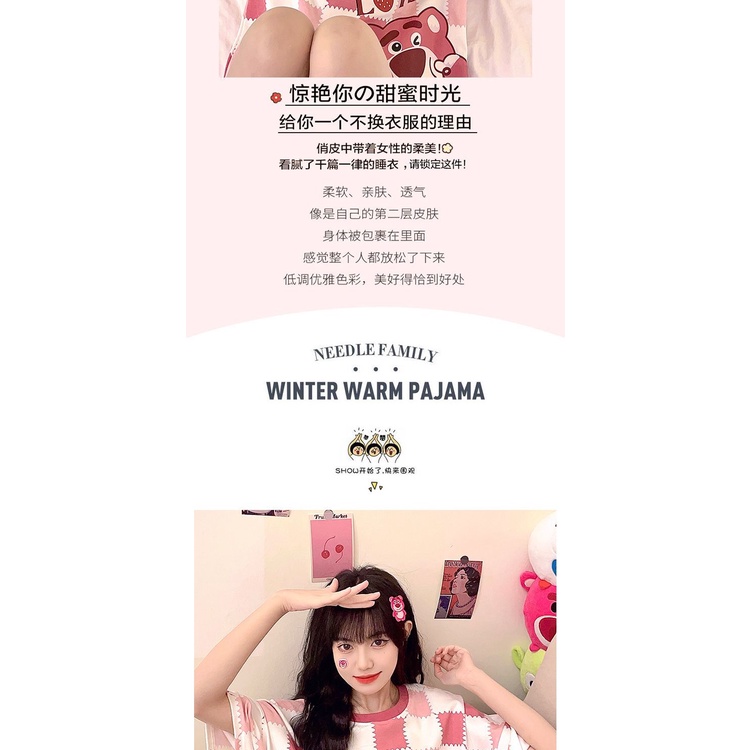 Bộ Đồ Ngủ Tay Ngắn Dáng Rộng In Hoạt Hình Gấu Dâu Tây Thời Trang Mùa Hè 2023 Cho Bạn Gái