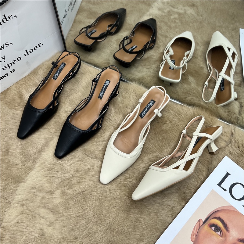 Sandal Cao Gót Mũi Vuông Hở Lưng Phong Cách Thời Trang Pháp 2023 Dành Cho Nữ