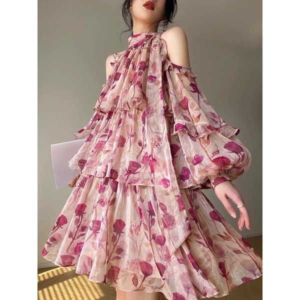 (Hàng Quảng Châu - Taobao) Váy xuông tầng hoa hồng tay dài hở vai nơ cổ