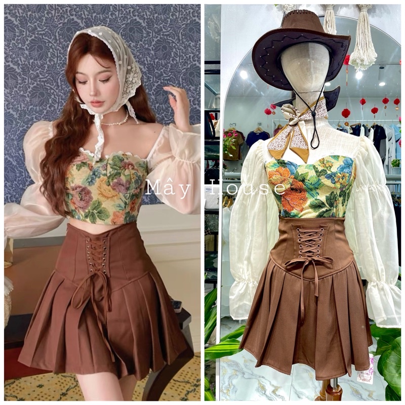 Set áo crotop tay bồng hoa thêu cổ điển kèm chân váy dây eo xếp ly HÀNG SẴN