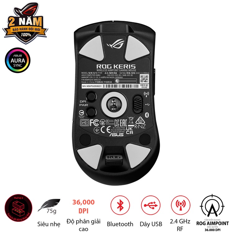 Chuột chơi game fps ROG KERIS WIRELESS AIMPOINT dpi 36000, cảm biến ROG Aimpoint, socket thay thế, feet chuột 100% PTFE