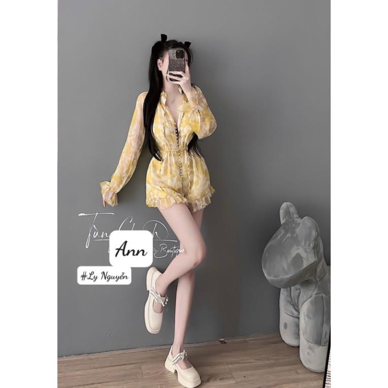 Jumsuit hoa ống bèo tay dài trẻ trung, jumsuit nữ tay dài, jum đùi ống bèo, áo liền quần hoạ tiết hoa tươi trẻ