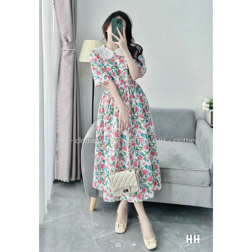 Đầm babydoll hoa nhí cổ ren đi chơi siêu xinh