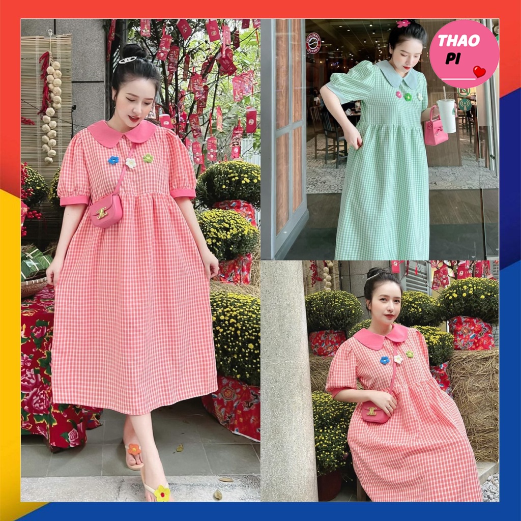 Đầm babydoll sọc caro cổ bèo phối hoa nổi siêu xinh kèm hình thật mẫu siêu hot