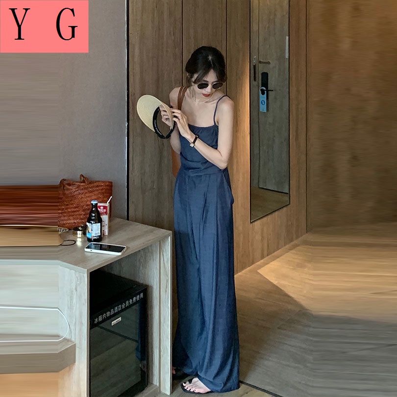 Jumpsuit Denim Hai Dây Mỏng Mùa Hè Cảm Giác Khí Chất Cao Ống Rộng