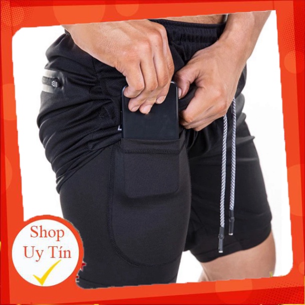 Quần tập gym nam 2 lớp Thông Hơi , Quần short thể thao nam tập gym và chạy bộ