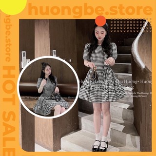 Váy đầm kẻ xoè tầng tiểu thư, có size, phối cổ dễ thương, tay bồngz