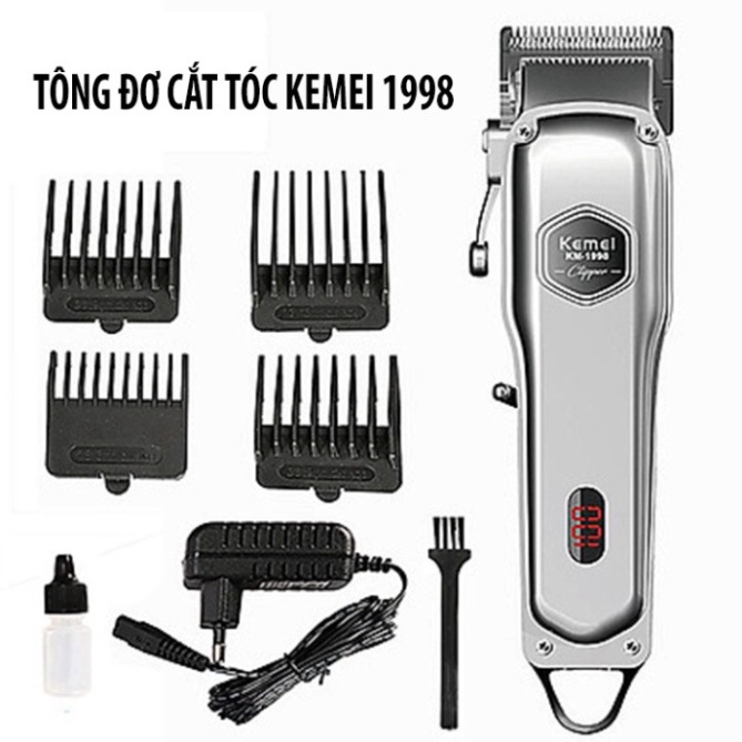 Tông đơ cắt tóc-Tăng đơ cắt tóc Kemei KM-1998 - Màu Bạc Nguyên Khối Đẳng Cấp Cho SALON [ Pin lithium 2000 mAh ]