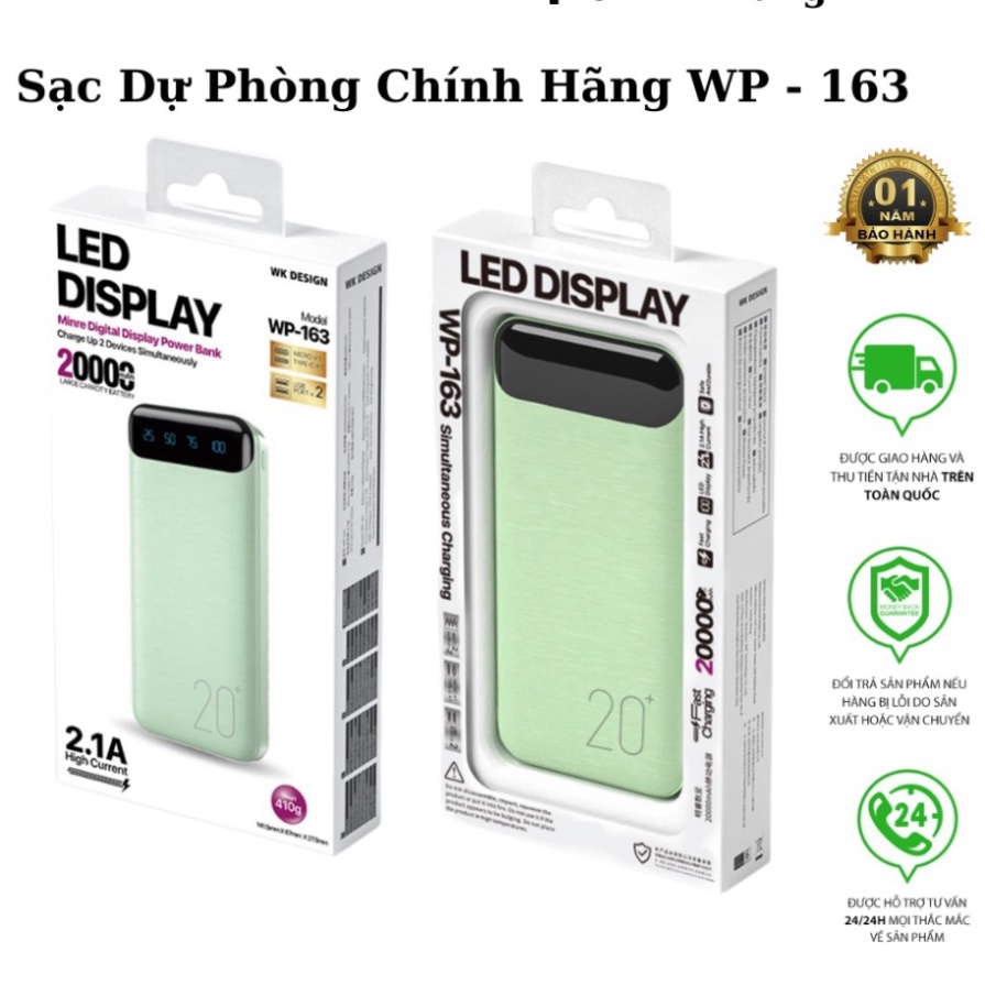Sạc Dự Phòng Tích Hợp Màn Hình LED Dung Lượng 20000mAh, Bền Đẹp WP-163 màn hình hiển thị HOT New New