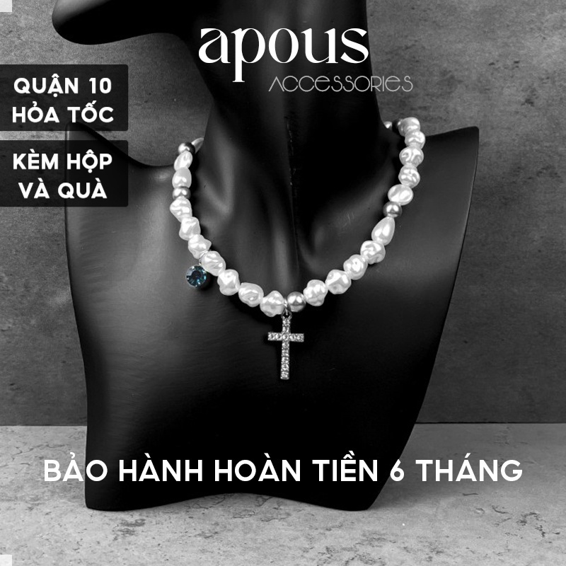 Dây chuyền nam nữ Ngọc trai nhân tạo mặt Thánh giá đính đá DC014 - Thép Titan - Phụ kiện trang sức Unisex Apous