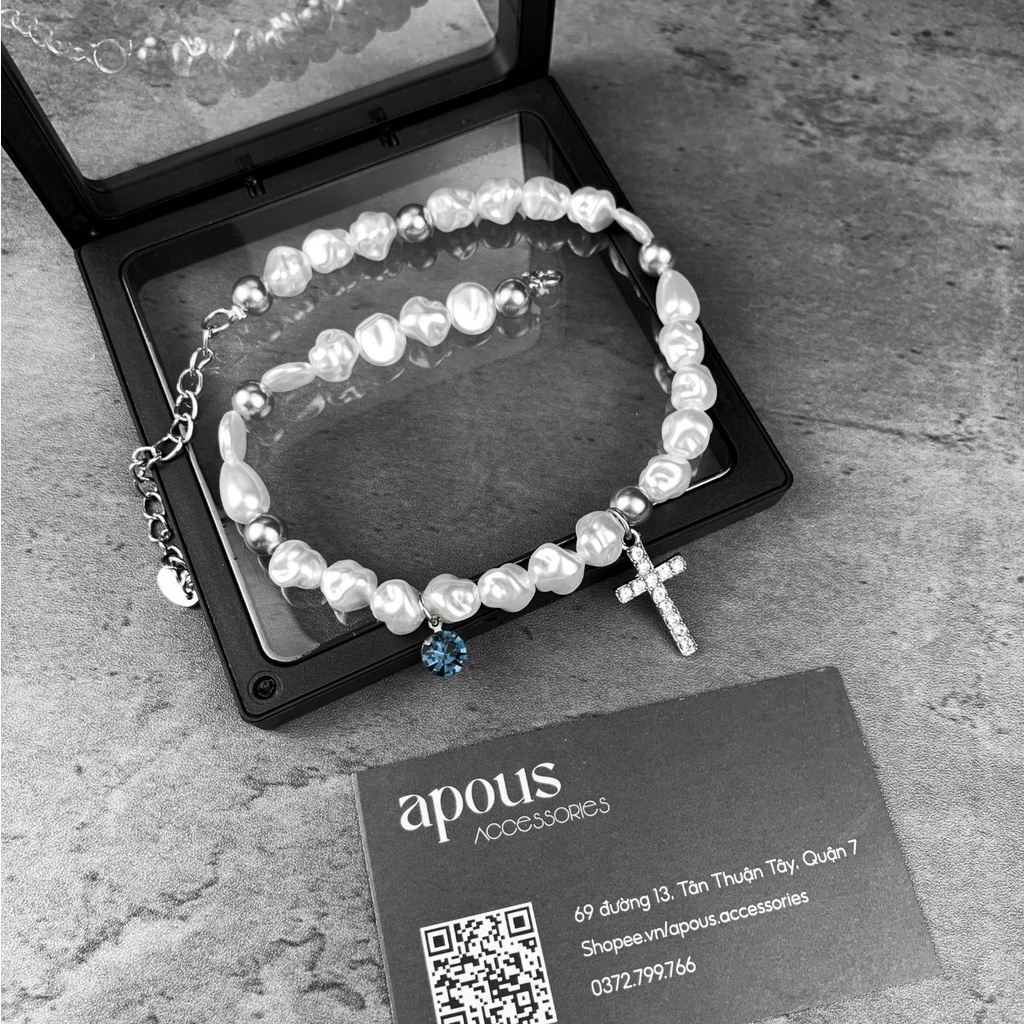 Dây chuyền nam nữ Ngọc trai nhân tạo mặt Thánh giá đính đá DC014 - Thép Titan - Phụ kiện trang sức Unisex Apous