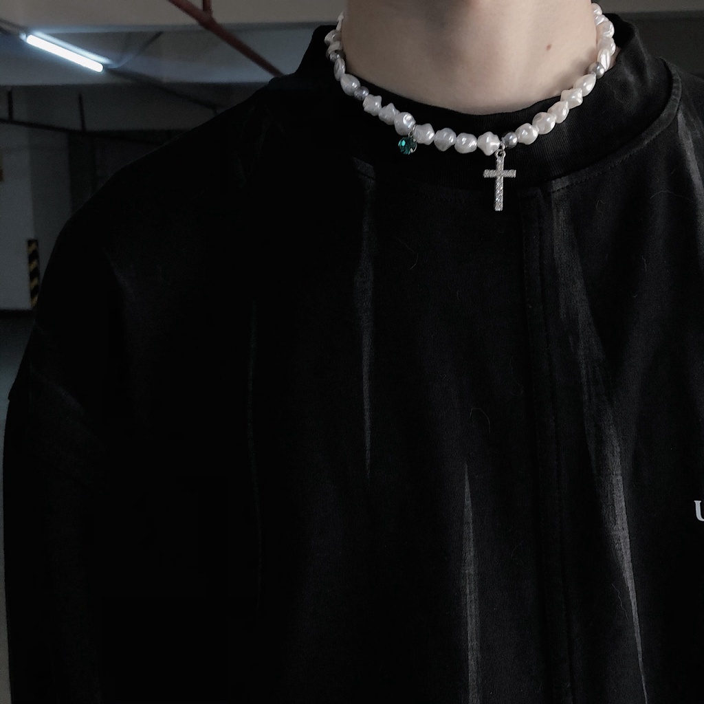 Dây chuyền nam nữ Ngọc trai nhân tạo mặt Thánh giá đính đá DC014 - Thép Titan - Phụ kiện trang sức Unisex Apous