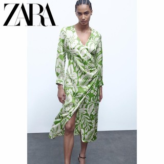 Zara Morocco full tag - Đầm Zara midi In Họa Tiết xanh lá YO50