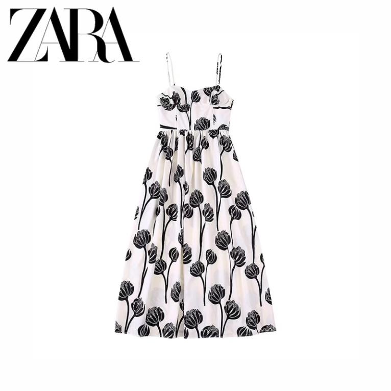 Zara Morocco full tag - Đầm Zara midi Hai Dây In Họa Tiết Trái Tim Xinh Xắn YO55