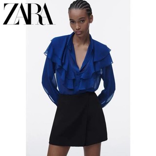 Zara morocco full tag - áo zara sơ mi dài tay voan cổ bèo xanh yo45