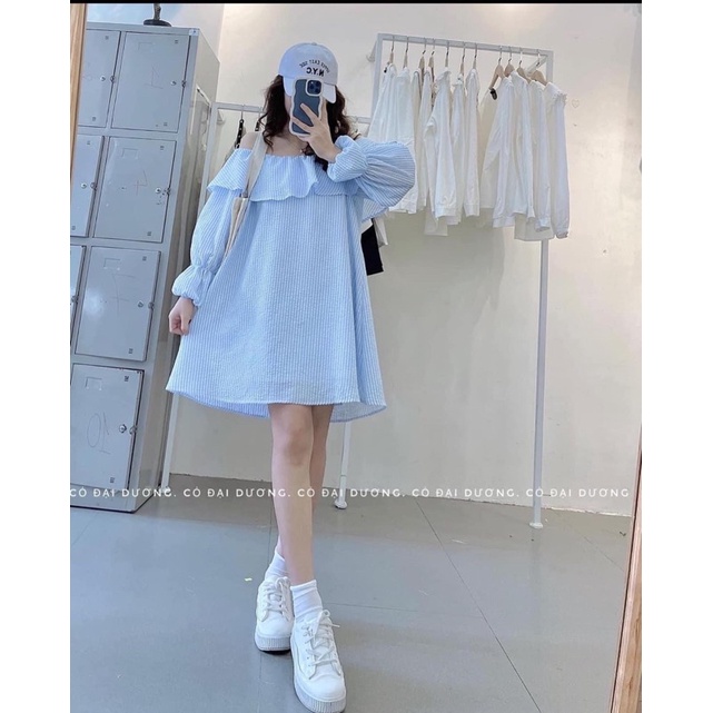 Áo váy trễ vai bèo kẻ SỌC XANH dài tay bo chun tiểu thư SEE STORE - Áo trễ vai tay bồng dài tay kẻ sọc bèo nhún