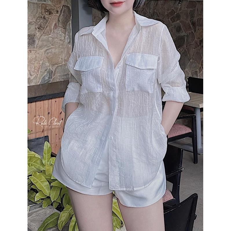 áo sơ mi xước túi ngực 2 màu trắng & đen