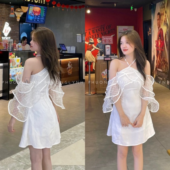 Đầm ngắn dự tiệc cổ yếm phối viền bèo , váy trễ vai bèo lưới siêu xinh hàng cao cấp PLD160 - SHOP PHƯƠNG LYNH